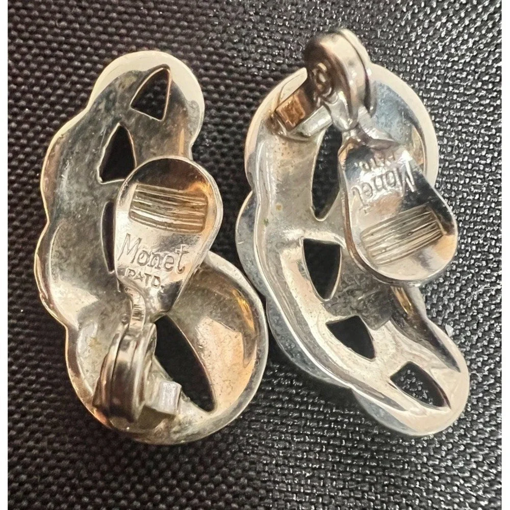 Vintage Monet Clip On Earrings Tone‎ Textured Mid Century Silver Retro Circles